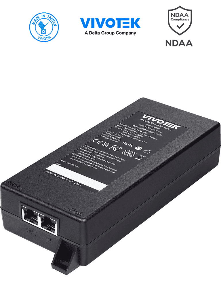 VIVOTEK AP-GIC-011B-090 – Inyector PoE Gigabit de 90W con 1 puerto, co