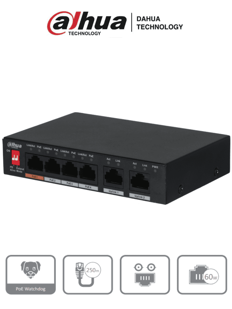 DAHUA PFS3006-4ET-60 – Switch PoE de 6 Puertos Fast Ethernet 4 Puertos