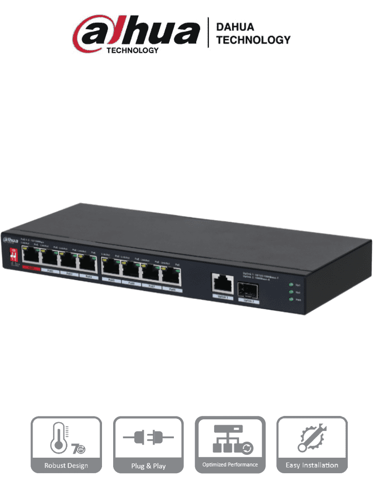 DAHUA PFS3110-8ET1GT1GF-96 -Switch PoE de 10 Puertos 8 Puertos Poe 10