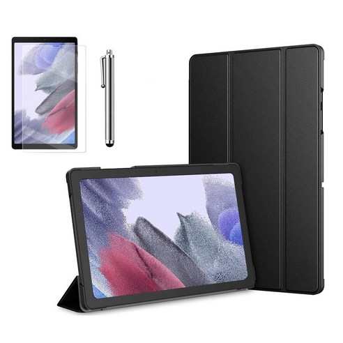 갤럭시탭A7 라이트 Lite 8.7 슬림 북커버 케이스 스탠드+액정필름+터치펜 SM-T220N T225N 케이스나라, 블랙, 투명 케이스