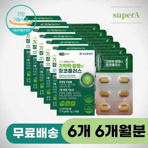 기억력 인지력 뇌영양제 징코플러스 50대 60대 추천 은행잎추출물 징코 부모님 어르신 노인 기억력개선 뇌에좋은영양제 포스타디딜세린 포스파티세린 기억력영양제 뇌건강 두뇌건강, 6개, 30정