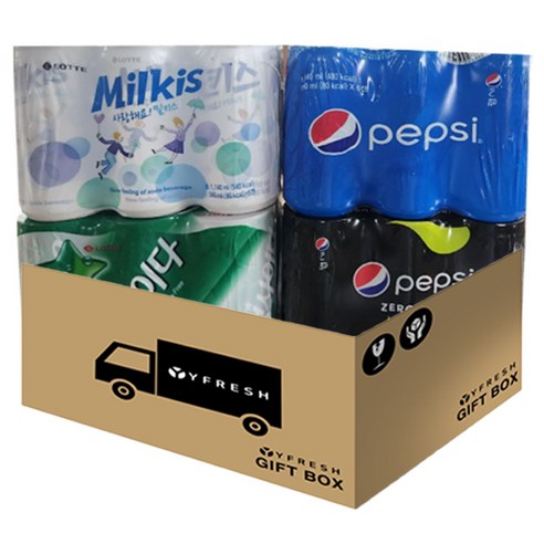 밀키스 190ml x 6 칠성사이다 190ml x 6 펩시콜라 190ml x 6 펩시 제로 슈거 라임향 190ml x 6 + yfresh박스, 1세트