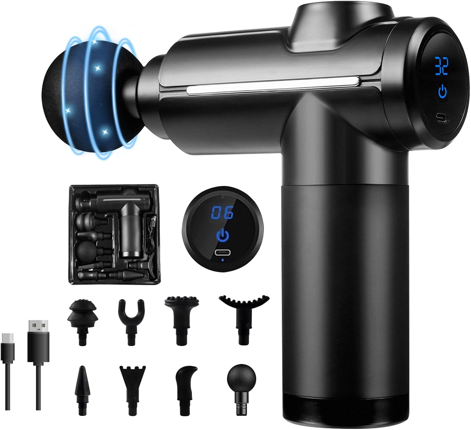 Massagepistole für Tiefengewebe, USB-C, mit 8 Aufsätzen, Schwarz Massagepistole für Tiefengewebe, USB-C, mit 8 Aufsätzen, Schwarz