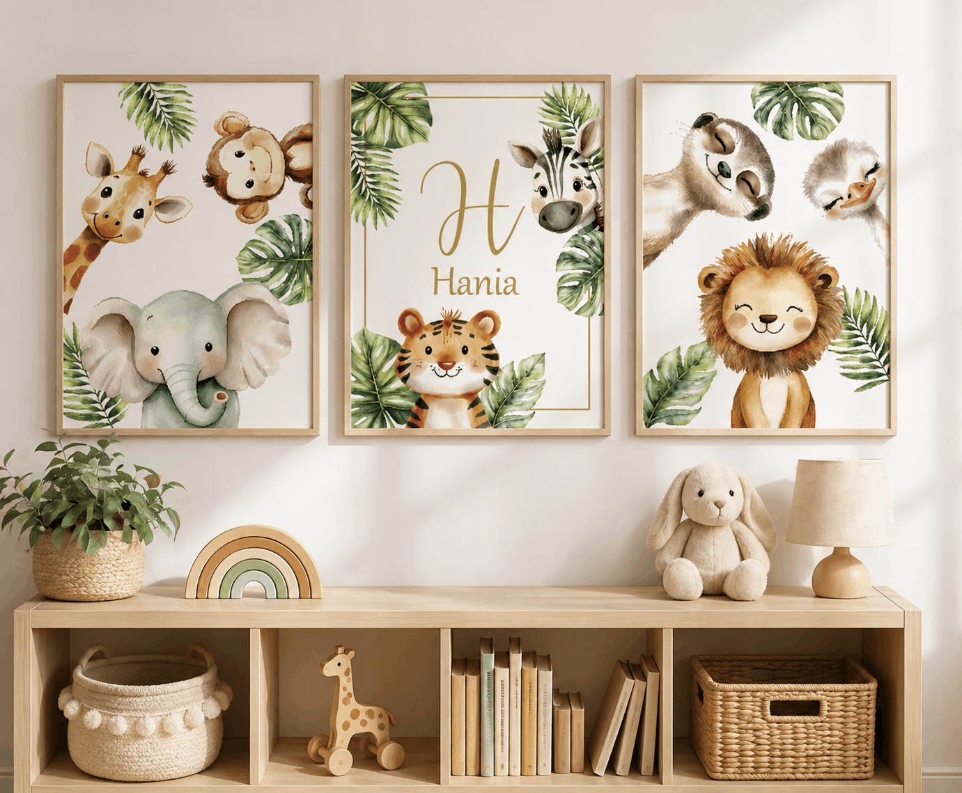 Plakatai vaikams Safari paveikslėliai ant sienos 30x40, vaiko vardas, gyvūnai