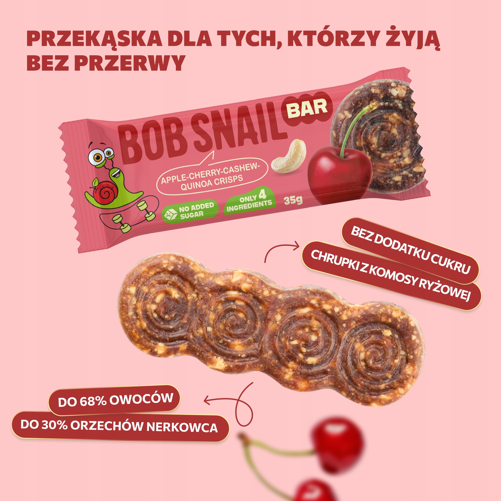 BOB SNAIL vaisių batonėlis APPLE CHERRY anakardžiai be pridėtinio cukraus 15x35 g