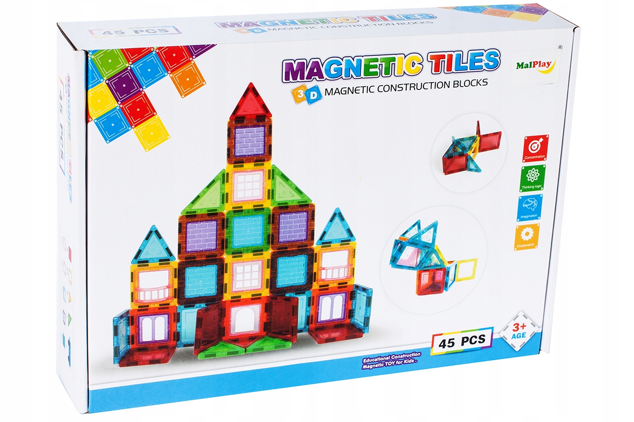 KONSTRUKCINIAI BLAKAI 3D MAGNETINĖS PLOKŠTELĖS VAIKAMS, UGDYMO 45 Vnt.
