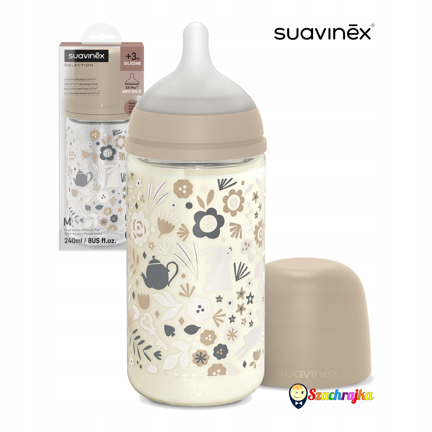 Suavinex Anti-colic stiklinis buteliukas SX Pro 240 ml vidutinio srauto 3m+