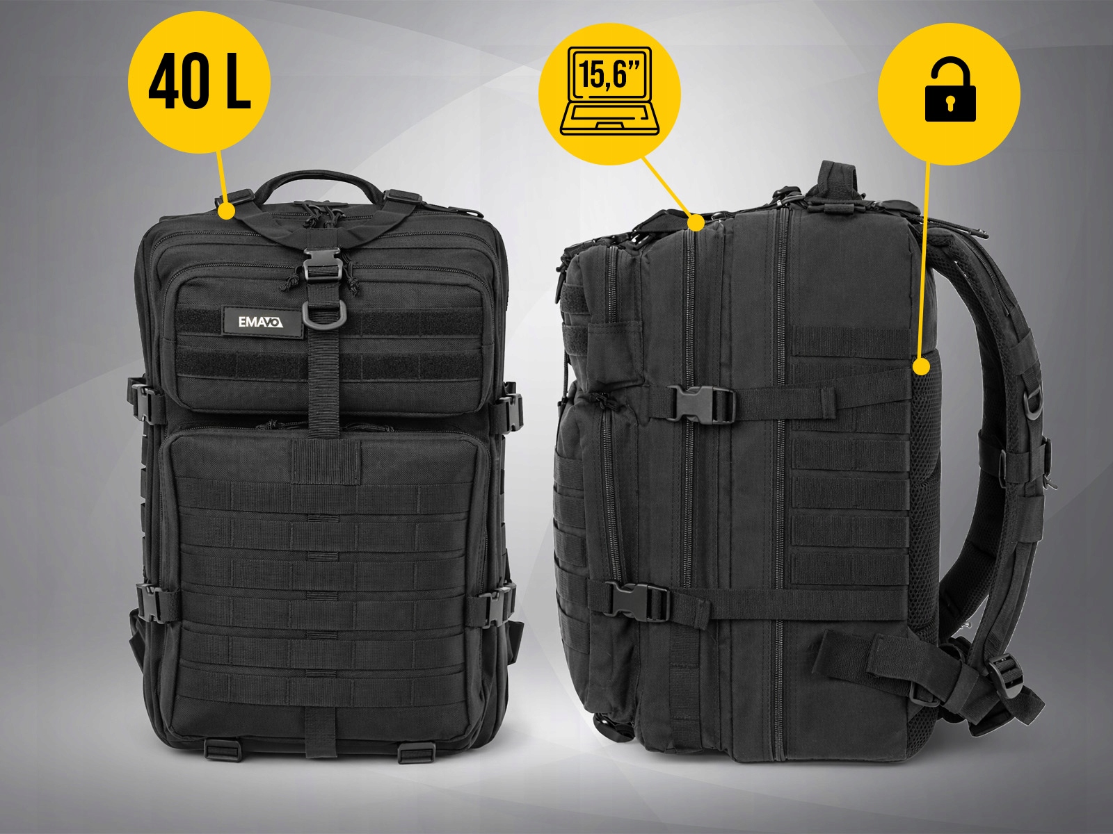 Karinė taktinė išgyvenimo turistinė kuprinė 15,6" 40L karinė juoda