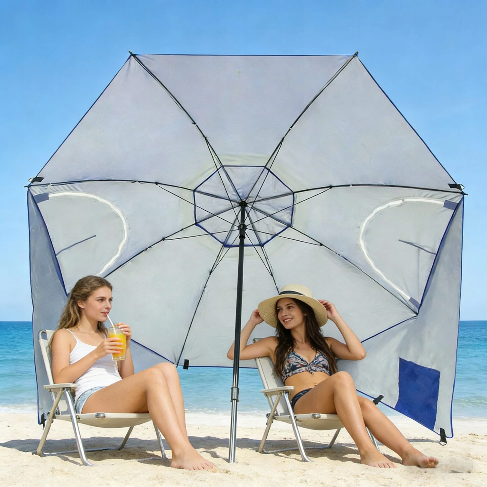 PAPLŪDŽIO SkėTIS 2IN1 PALAPINĖ SU UŽDĖGIMAIS 240cm BEACH OASIS UV50+ MĖLYNA