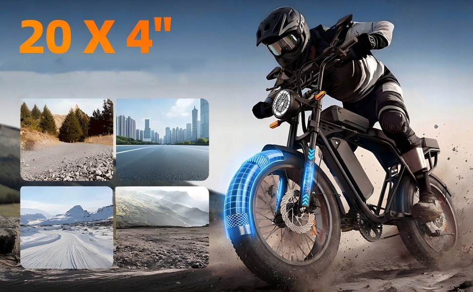 Elektrinis dviratis 20" Fat Bike Mountain 48-60KM diapazonas, 48V 15Ah elektroninis dviratis