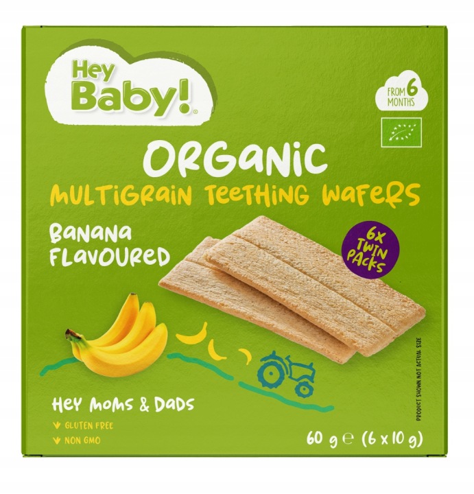 BANANAINIAI DAUGIGRŪDŽIAI DANTŲ VAFLIAI NUO 6 MĖNESIŲ EKOLOGIŠKI 60G HEYBABY