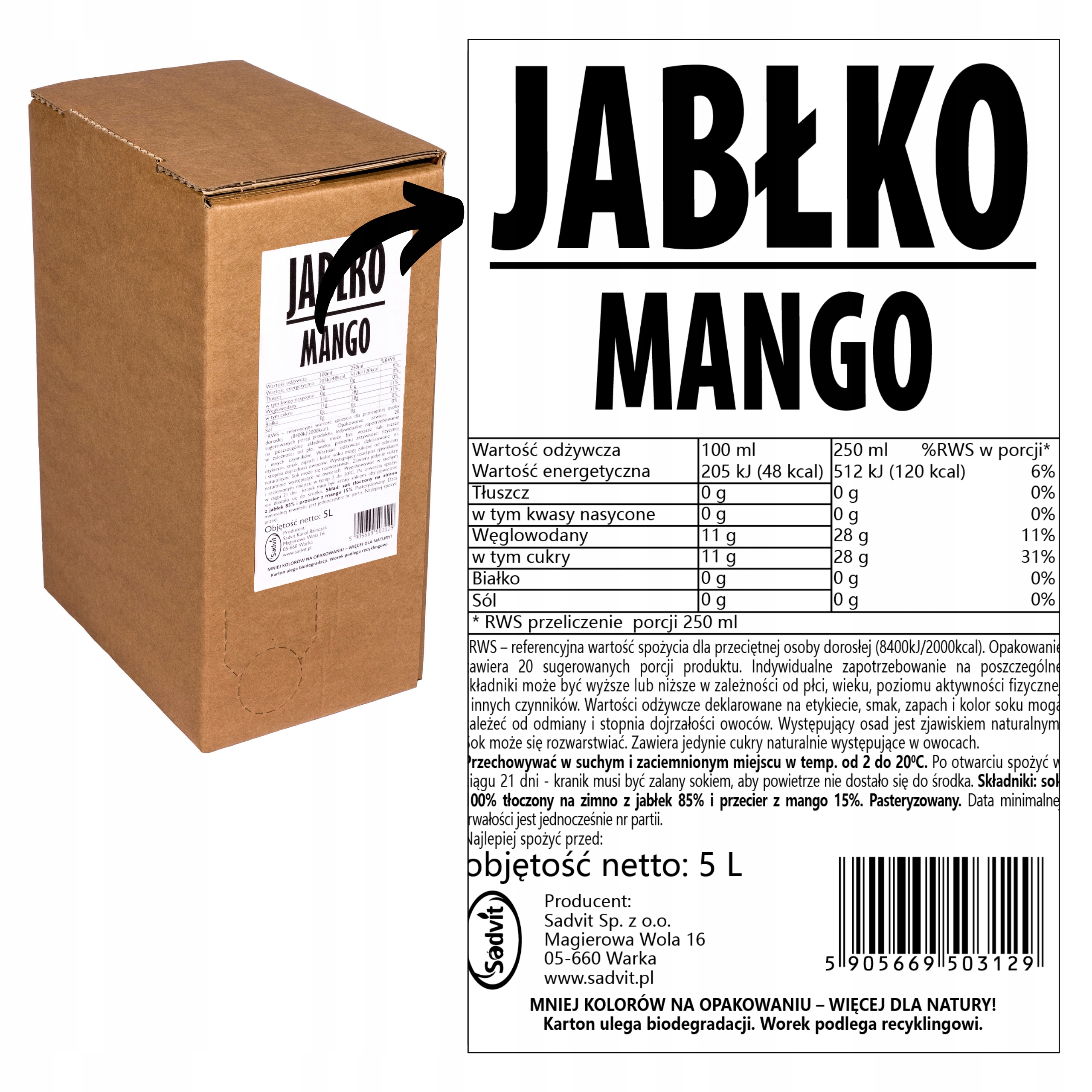 Sadvit obuolių mango 100% natūralus sultys 5 l