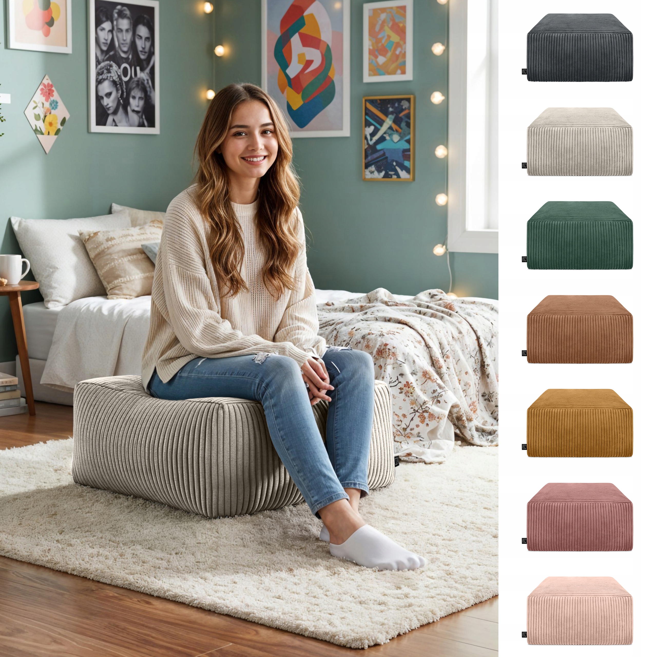 MODERNUS PUFF POUF SEAT 45 CM Kvadratas SVETAINEI MINKŠTA POJŲ ATRAŠKĖ