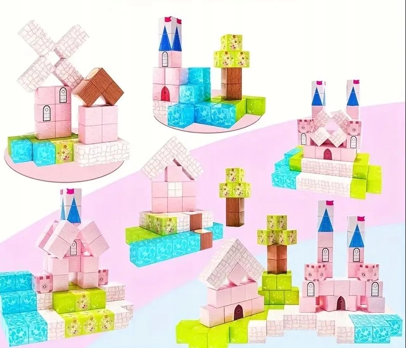 MAGNETINIAI BLOKAI 213 MERGAITĖMS KONSTRUKCIJA KUBAS PILIS PINK
