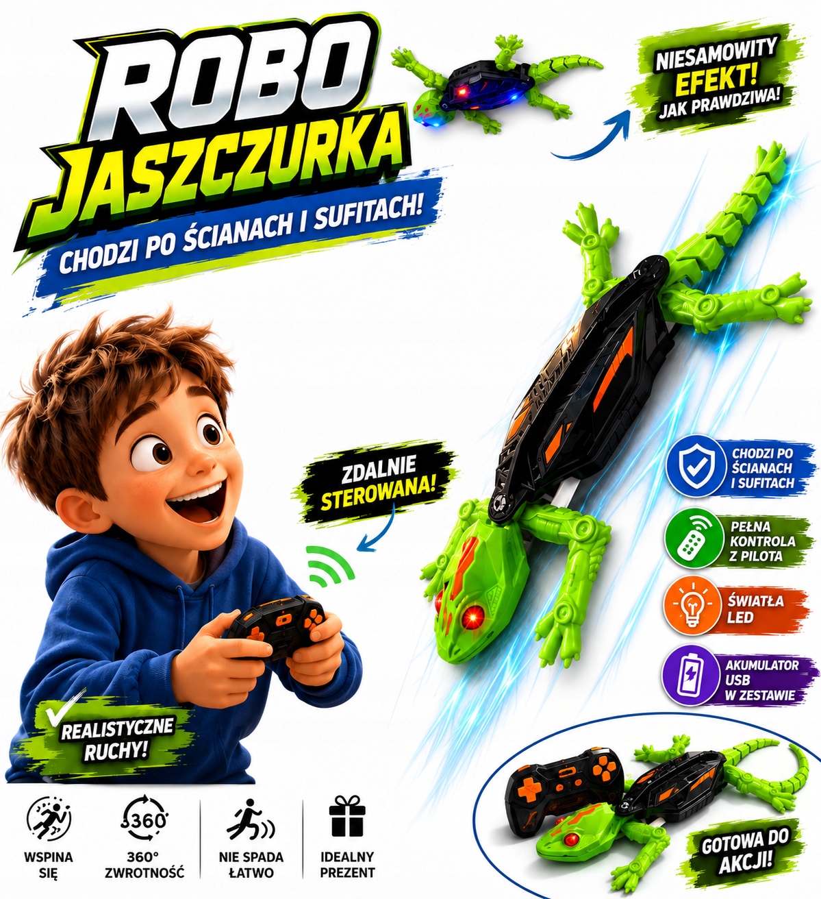 RC geckos šaligatviu einantis LED