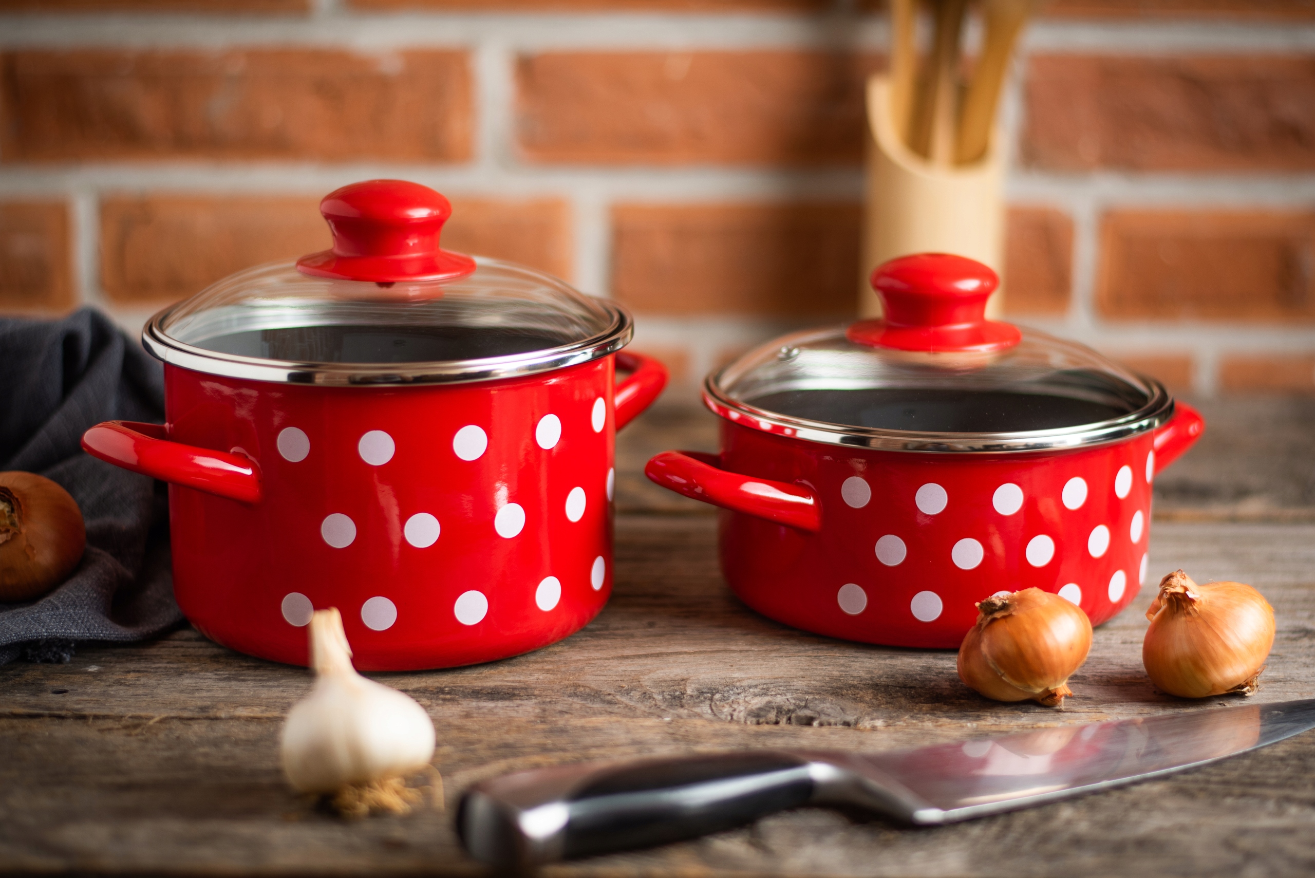Emaliuotas puodas su dangteliu Žemas 14cm 1L I Metalac Dots On Red