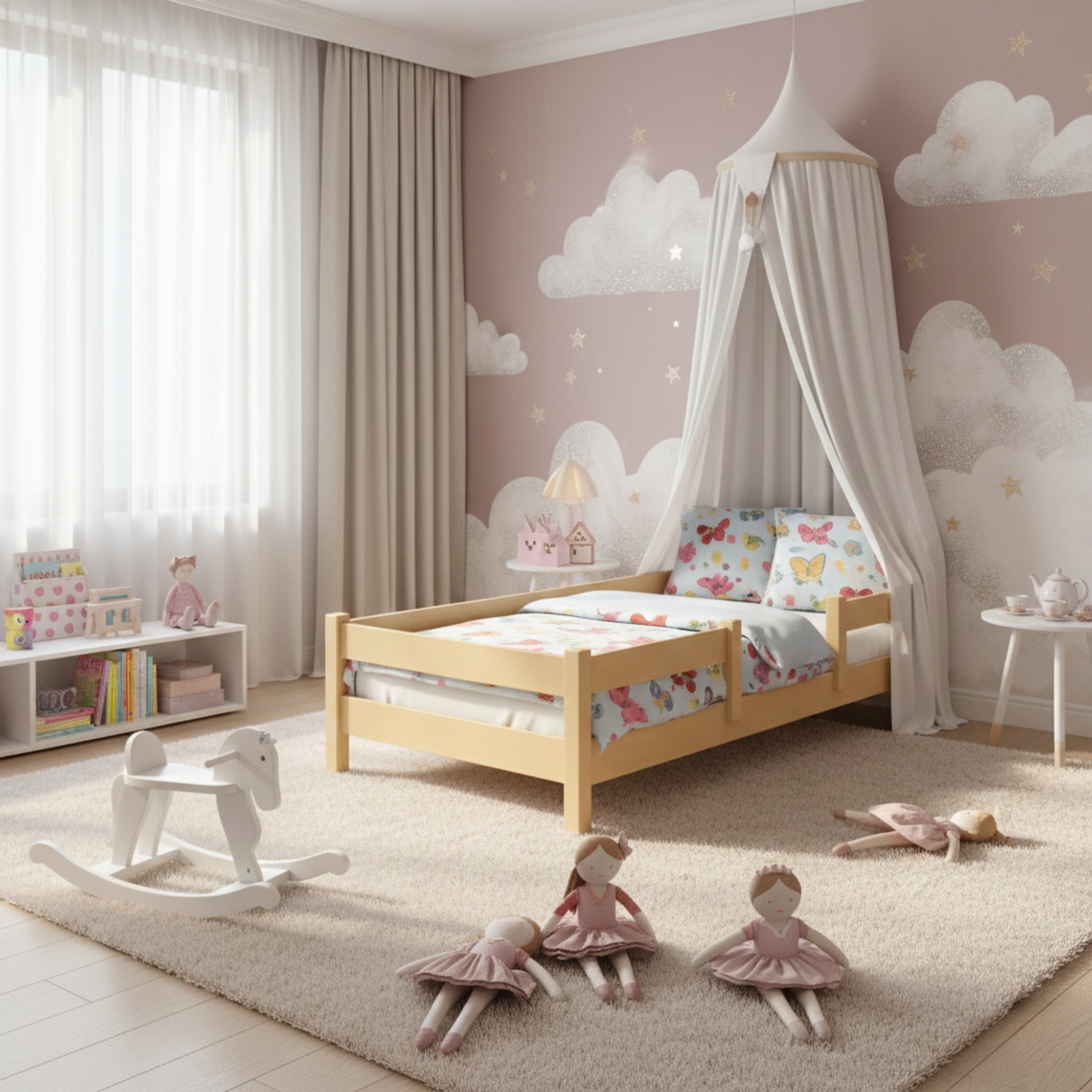 Vienvietė medinė pušinė vaikiška lova 140x70 su LOFTO turėklu