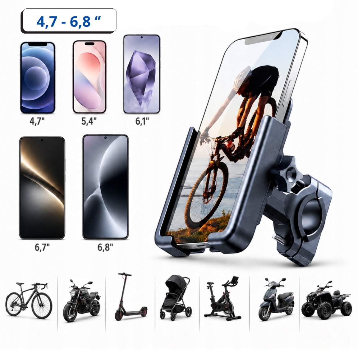 DVIRAČIO LAIKIKLIS MOTOCIKLO TELEFONUI, METALINIS, STABILUMAS, Šarvuotas, 360°
