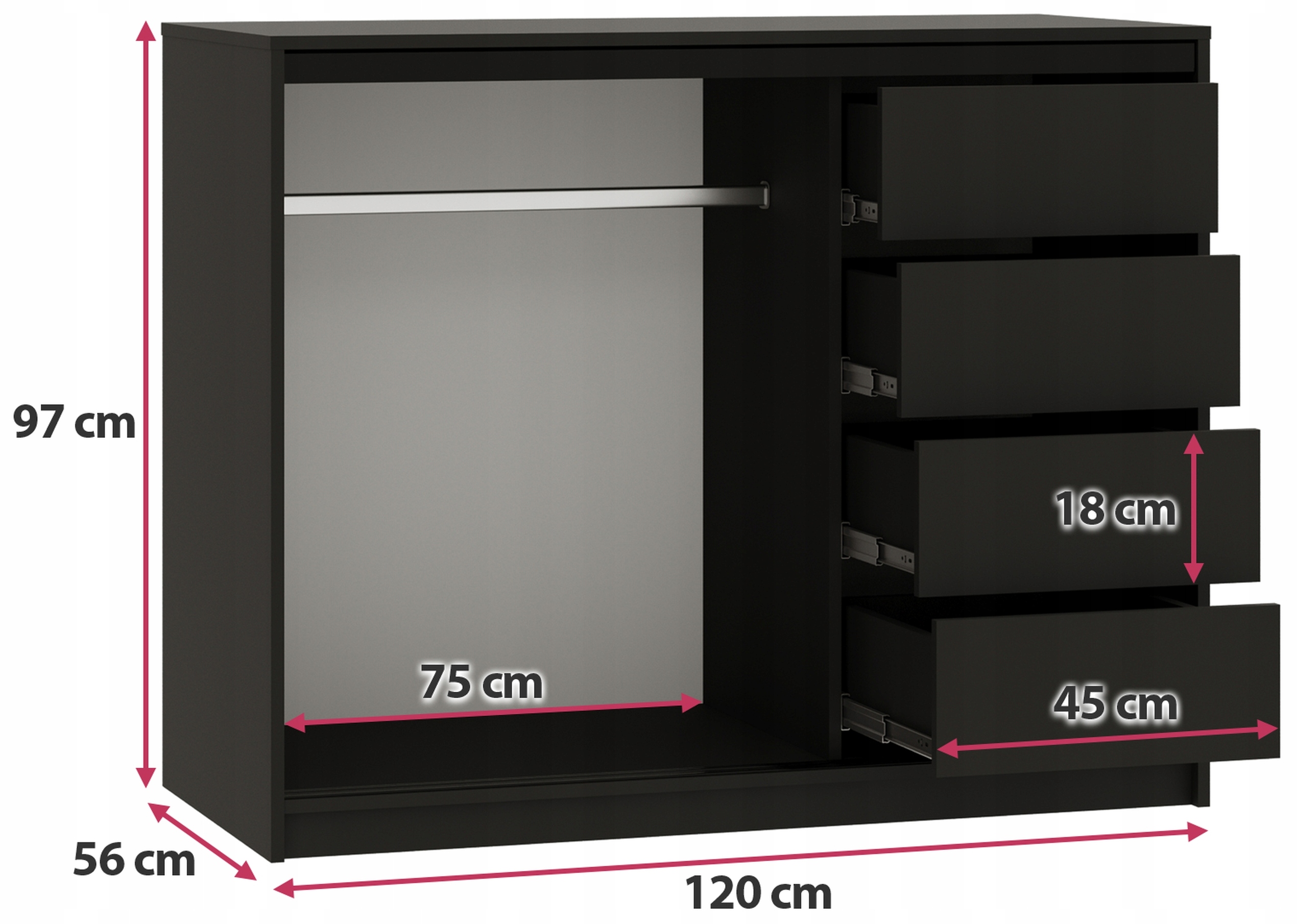 BroMarKT 120cm loft komoda su stalčiais ir strypu