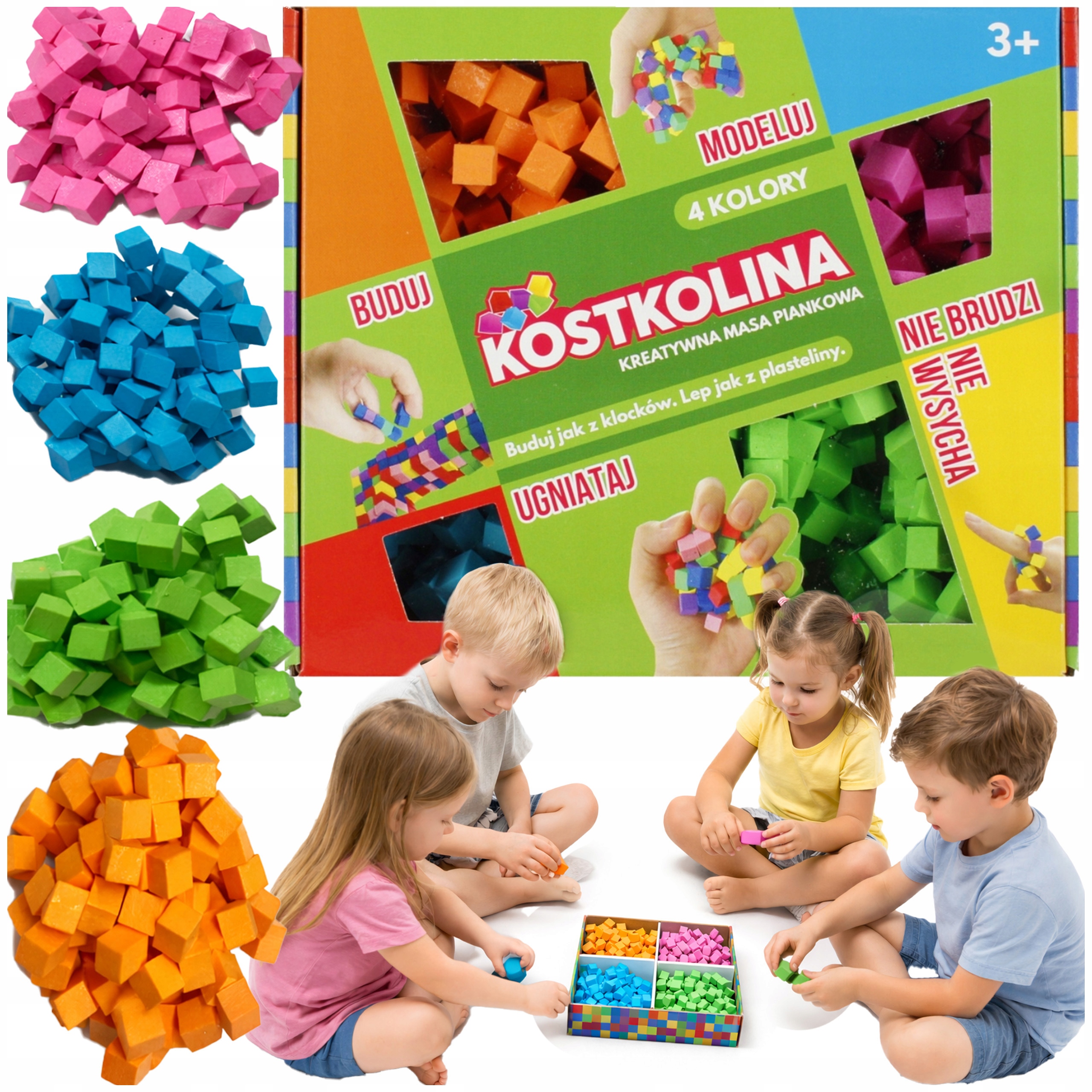 PLASTIKINĖ MASĖ Kostkolina VAIKAMS 4 SPALVŲ meno ir žaidimų žaislų rinkinys