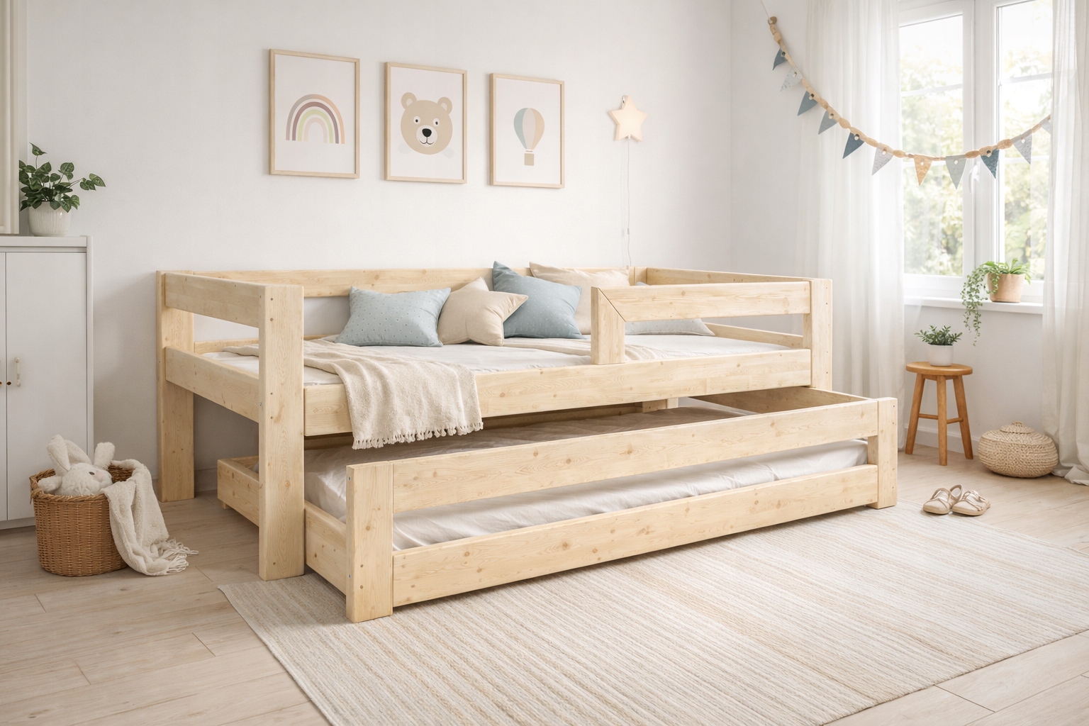 MEDINĖ DVIaukštė stumdomoji lova, 180 x 90 + bėgelis + 2 RĖMAI