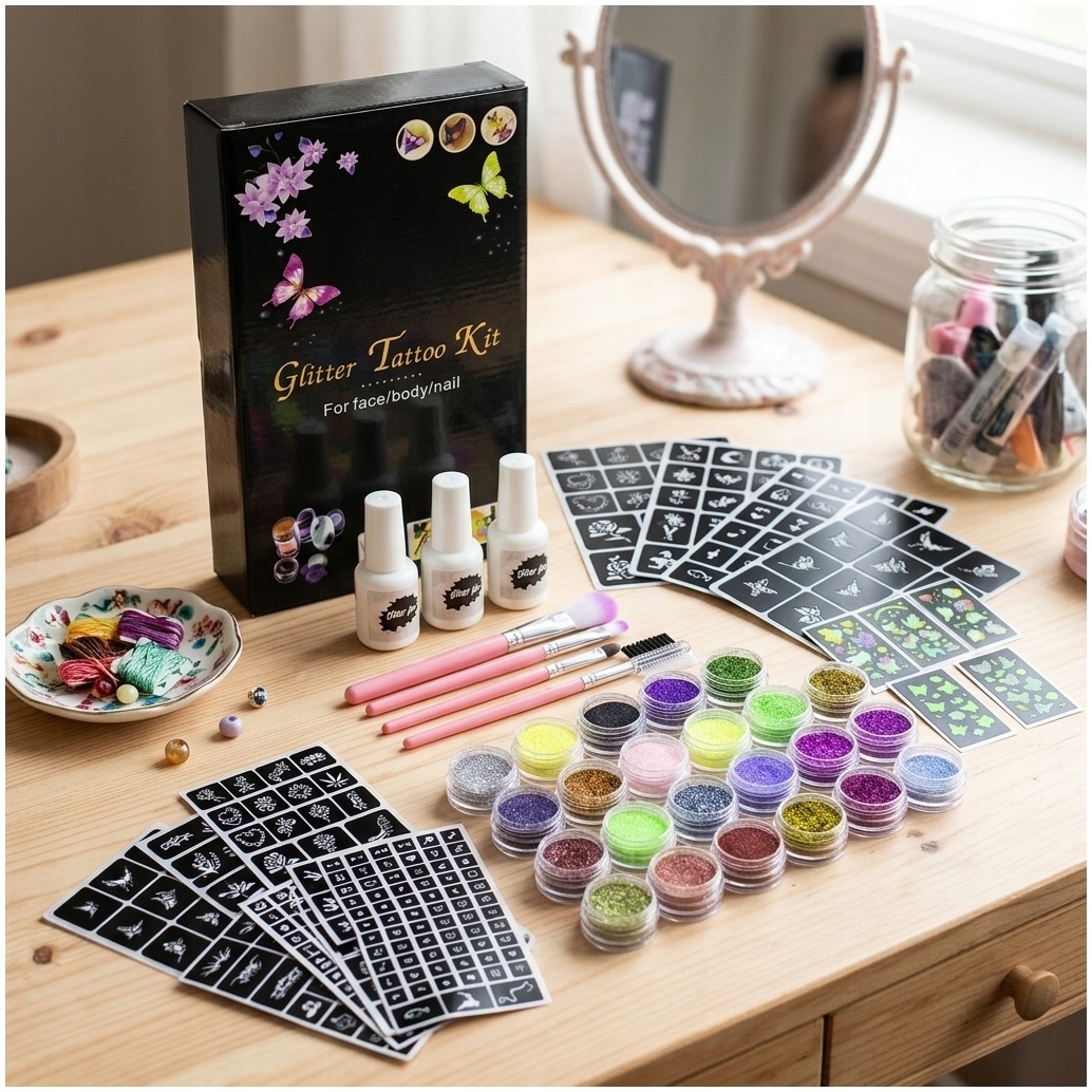 GLITTER TATOO RINKINYS VAIKAMS GLITTER TEMPLATES 24 vnt 3x XXL GLUE