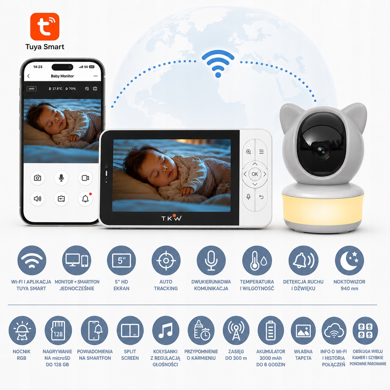 TKW elektroninė niania su 5 colių WiFi kamera ir lemputė