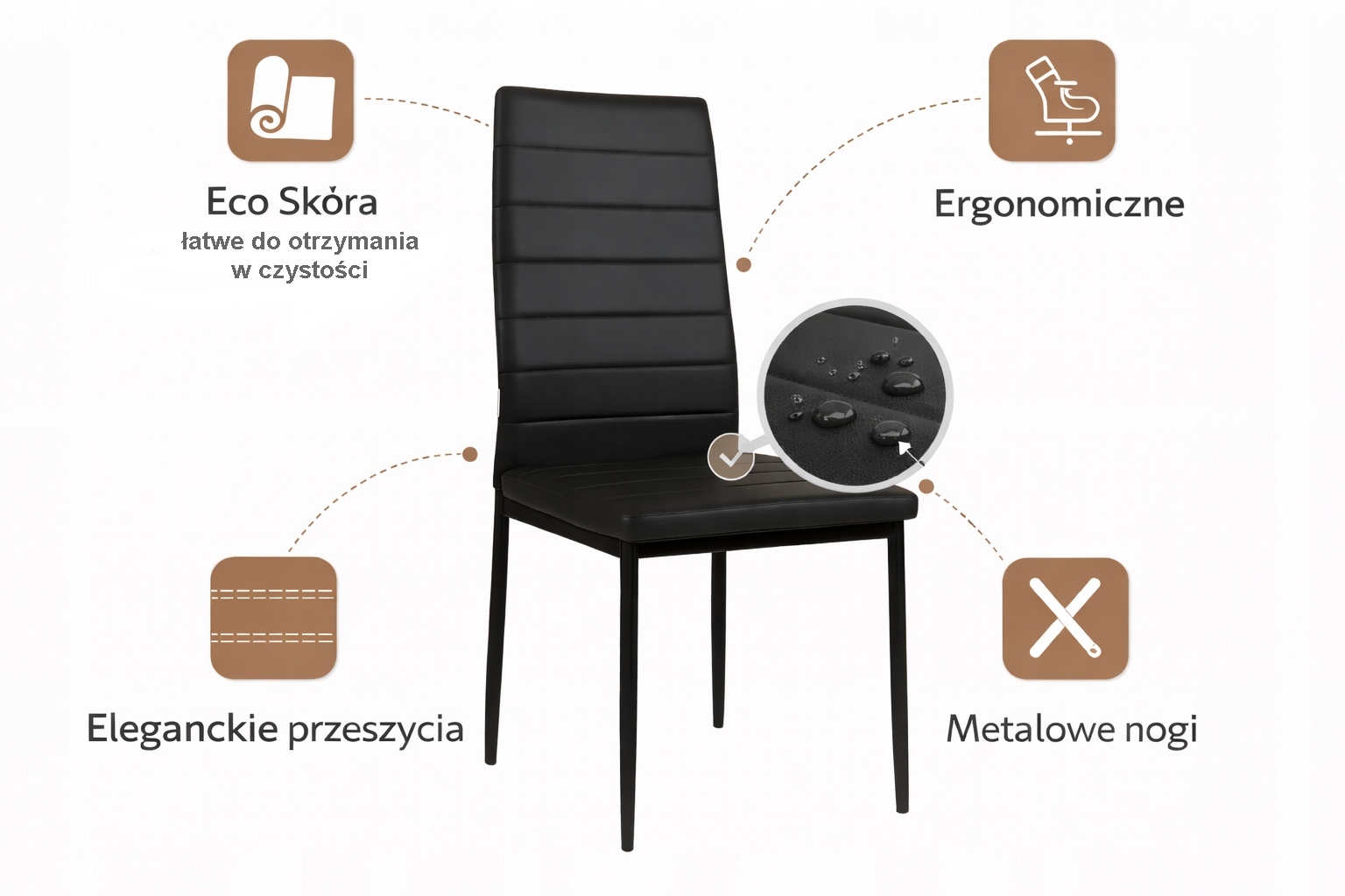 4 Faro valgomojo kėdžių rinkinys iš juodos eko odos - modernus, metalinis