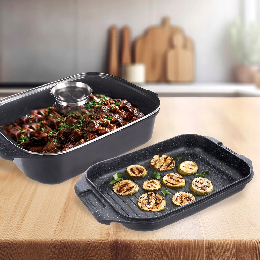 Kepimo skarda 7L 41X26X15CM ALIUMININIS SU GRILINIU KEPU IR STIKLINIU dangteliu