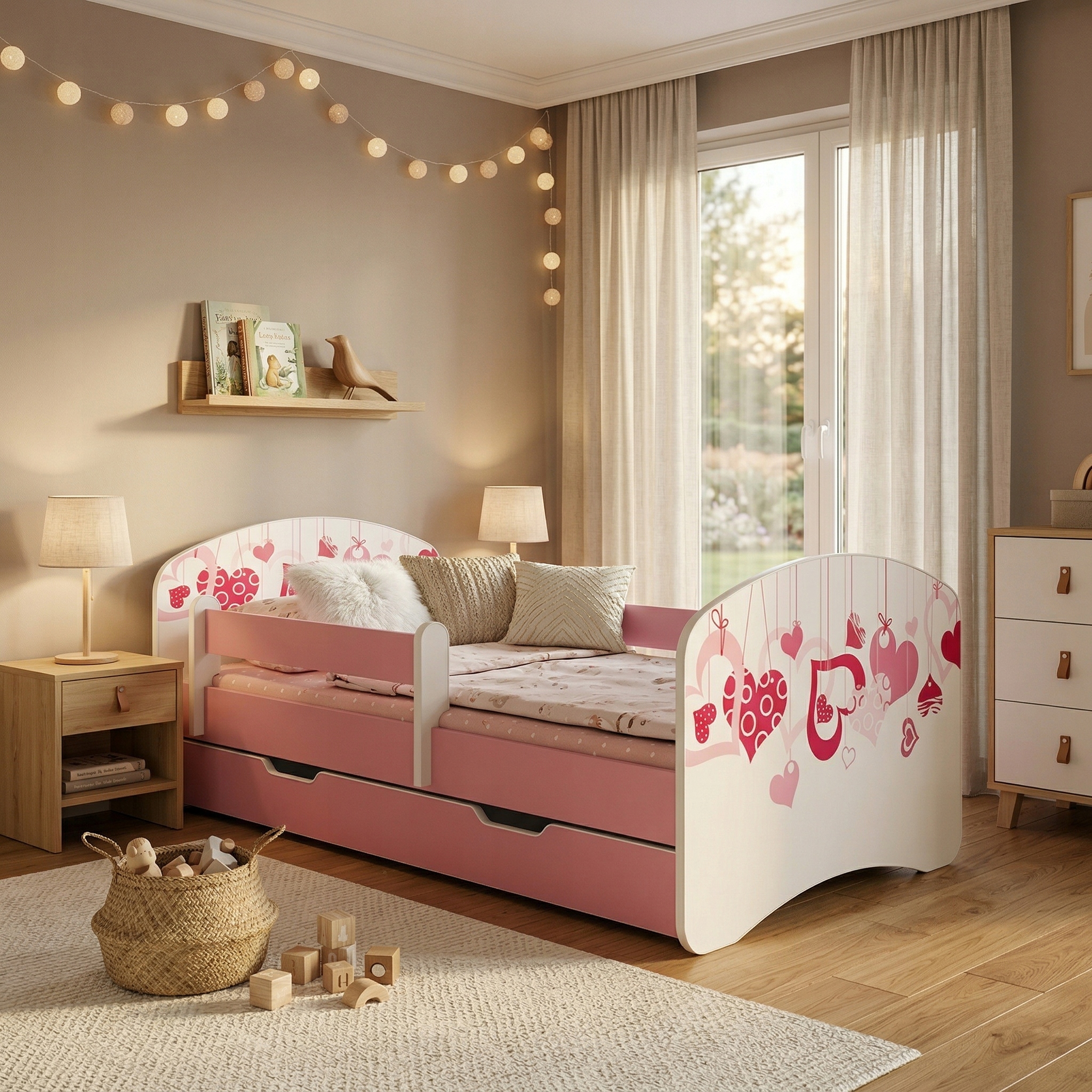 Rožinė vaikiška lova 180x90 su stalčiumi, čiužinys, turėklų rėmas - komplektas