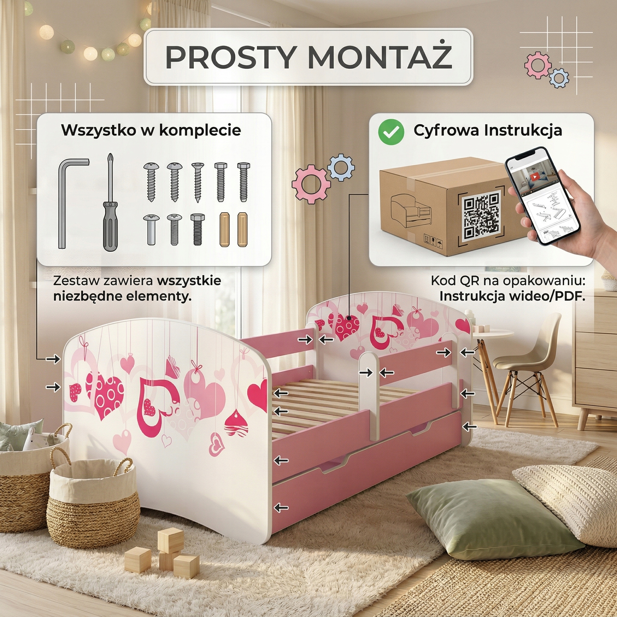 Rožinė vaikiška lova 180x90 su stalčiumi, čiužinys, turėklų rėmas - komplektas