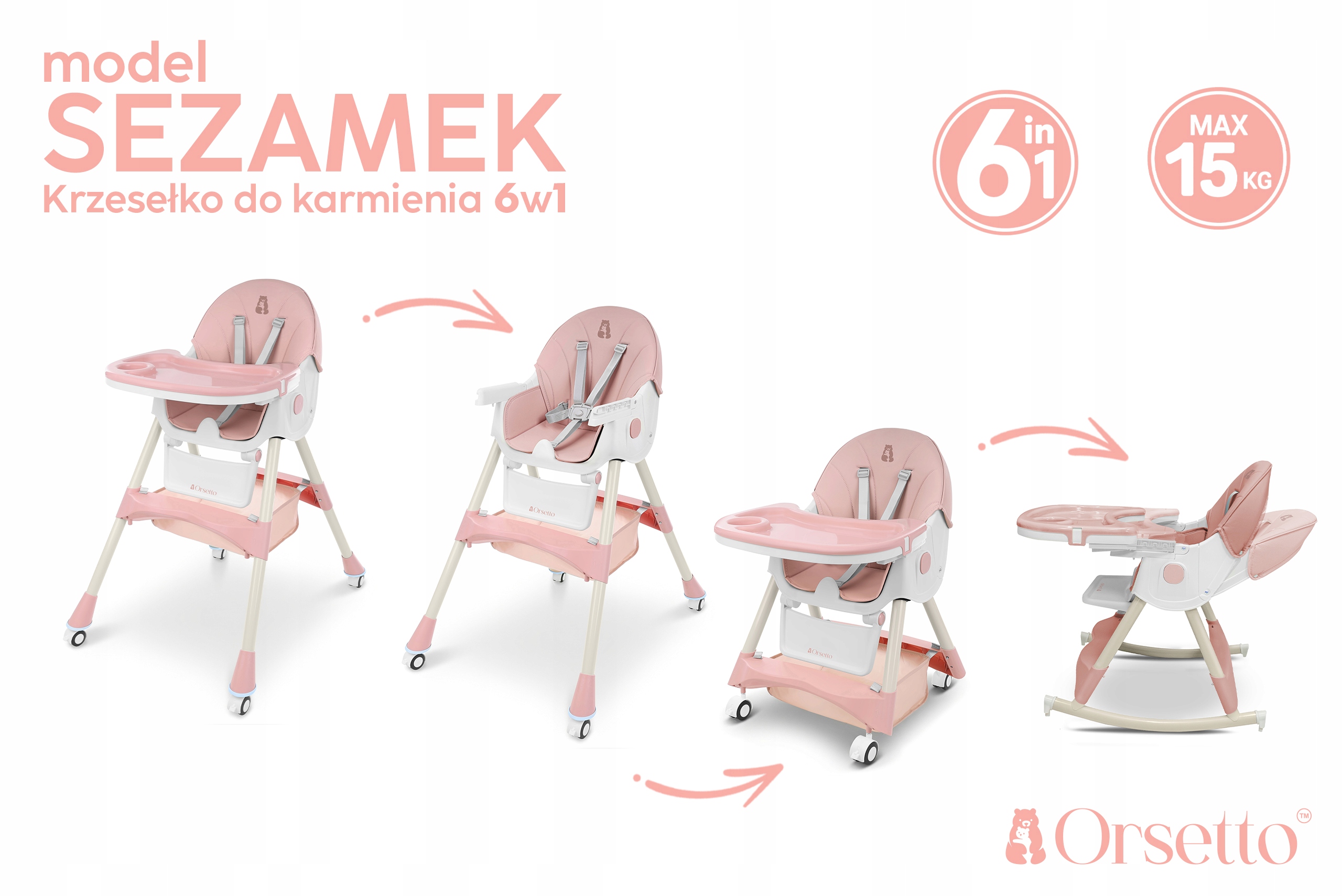 Orsetto 6in1 maitinimo kėdutė su supančiu funkcija