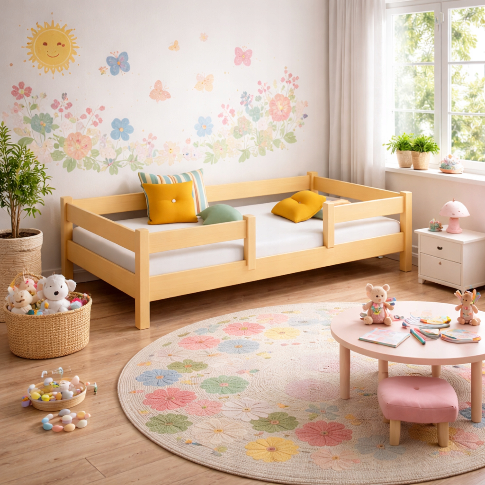 Vienvietė medinė pušinė vaikiška lova 140x70 su LOFTO turėklu