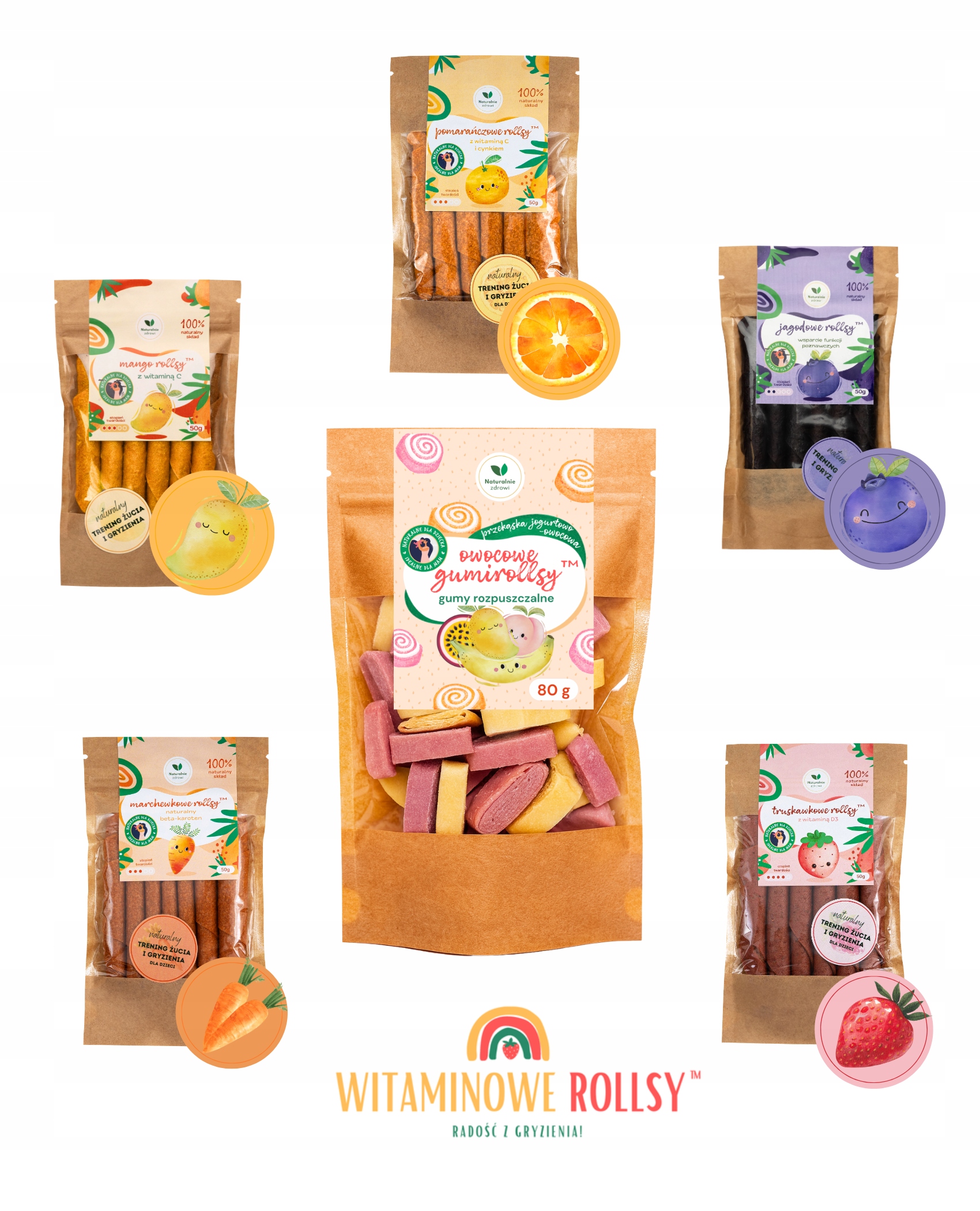Sveikas užkandis be cukraus Rolls 6 skoniai Gumirolls Mango Blueberry ir kt