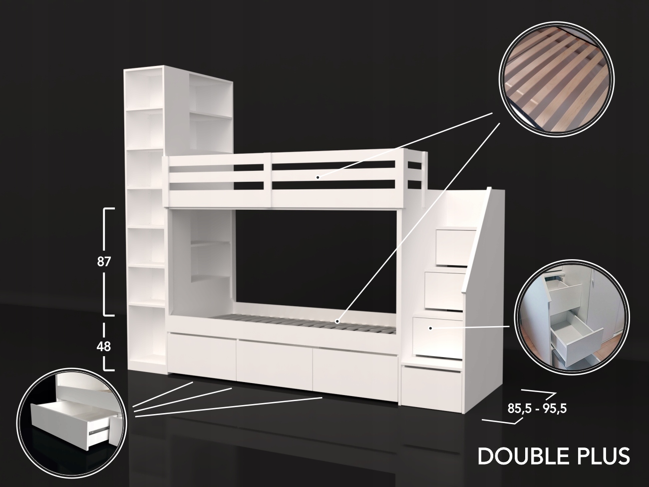 Dviaukštė lova su stalčiais broliams ir seserims 80x160-90x200 DOUBLE