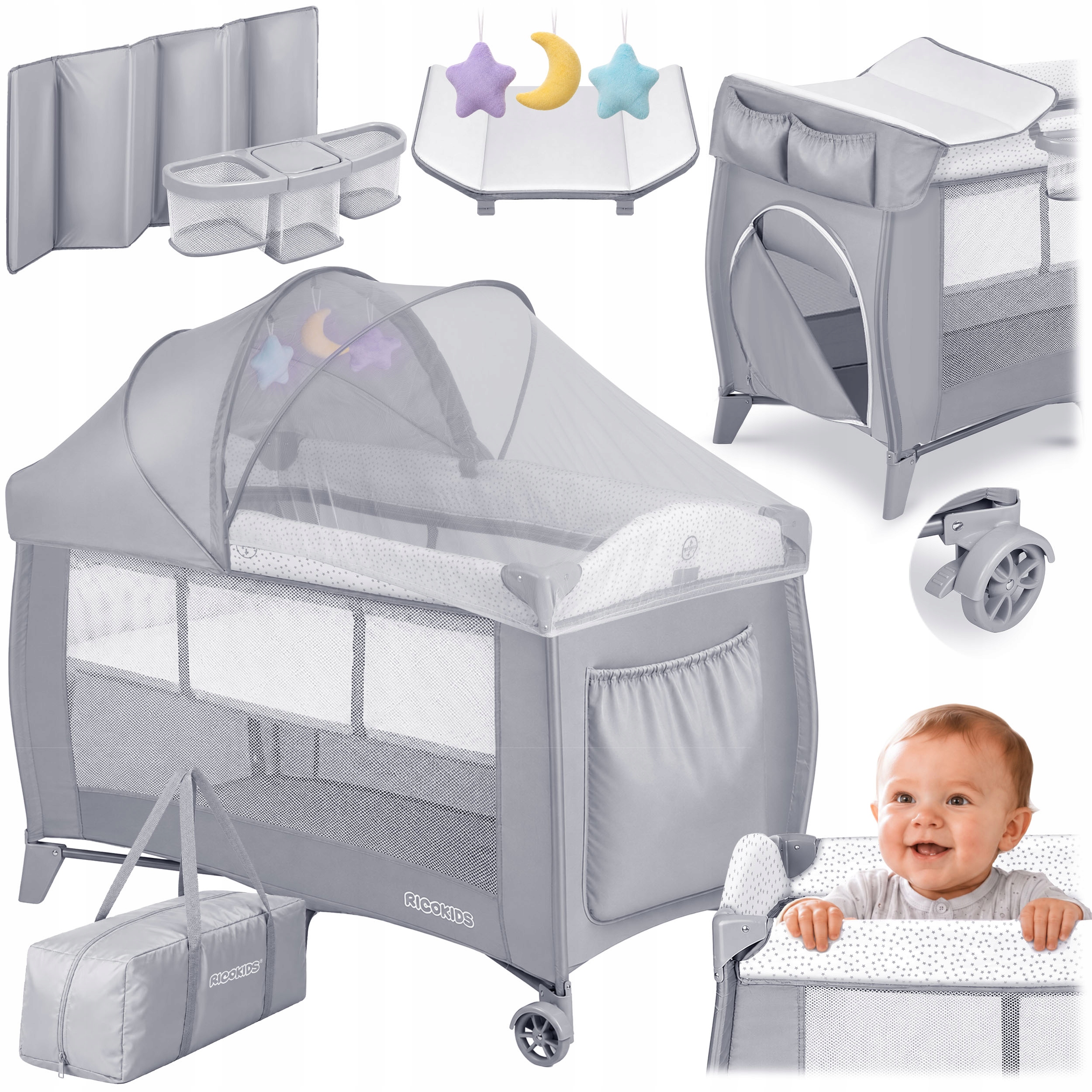 RicoKids dviejų lygių kelioninis lovelis su matracais