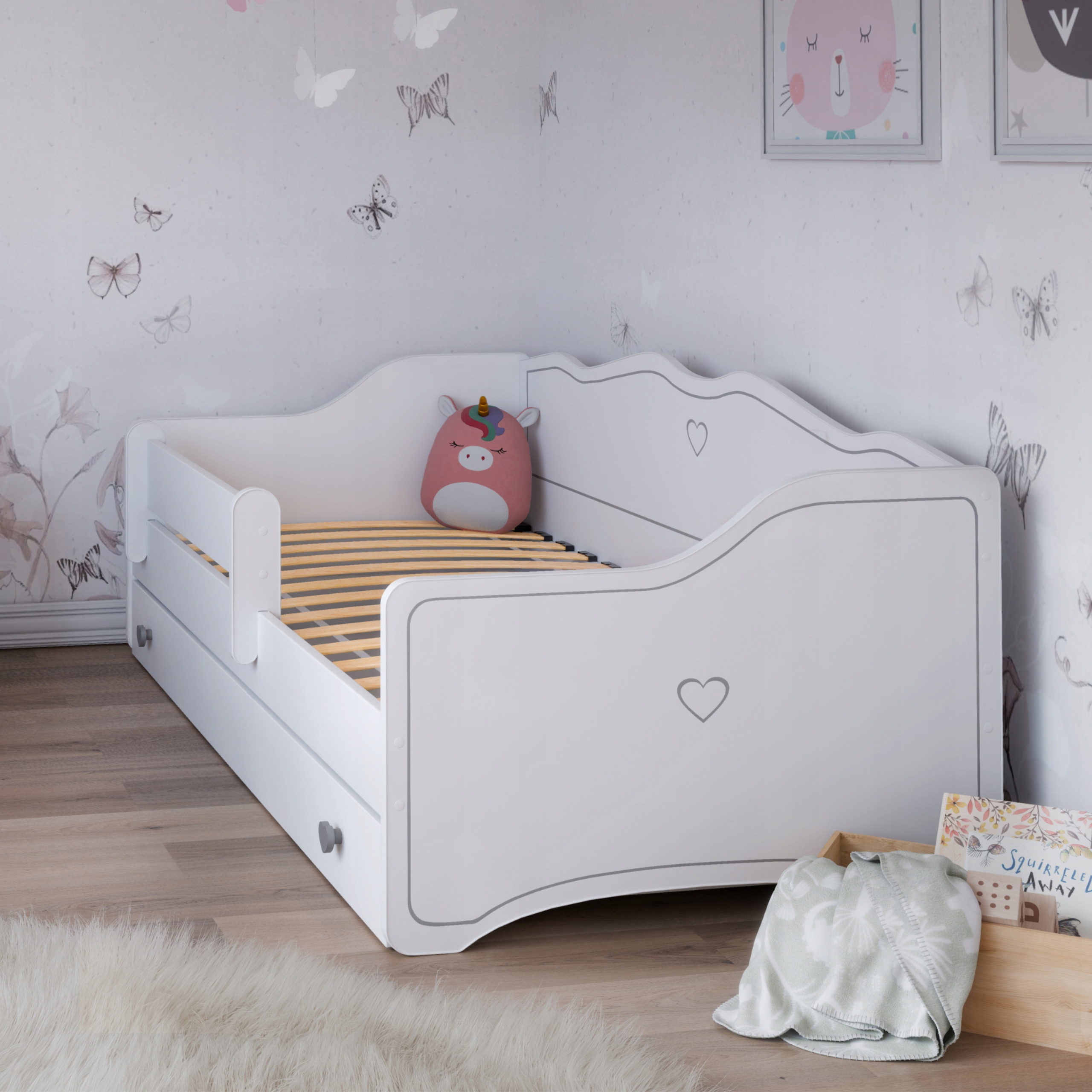 Sofa Vaikiška lova 160x80, balta, viengubas turėklas, čiužinys EMMA-DREAM