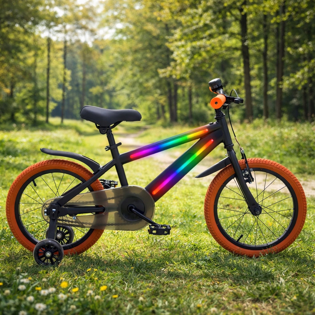 VAIKiškas DVIRATIS 16 colių VAIKiškas DVIRAČIO SU RGB ŠVIESA, JUODAS