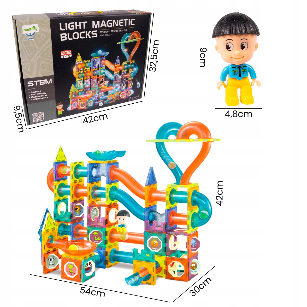 MAGNETINIAI KONSTRUKCINIAI BLOKAI 3D SVETINGI LED RUTULIU TAKAS 202 ELEMENTAI