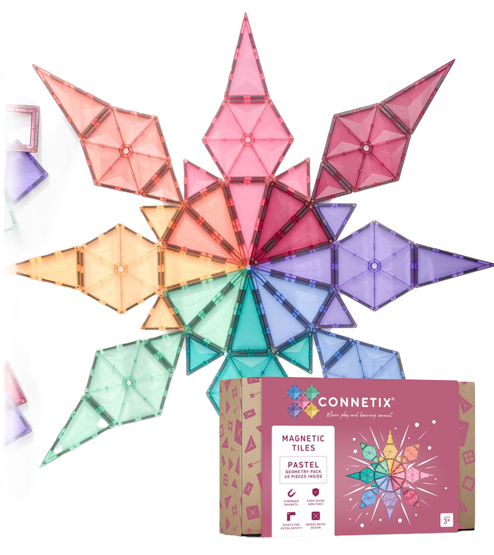 Connetix Pastel Geometry Pack magnetiniai blokeliai 40 vnt, geometrinės formos