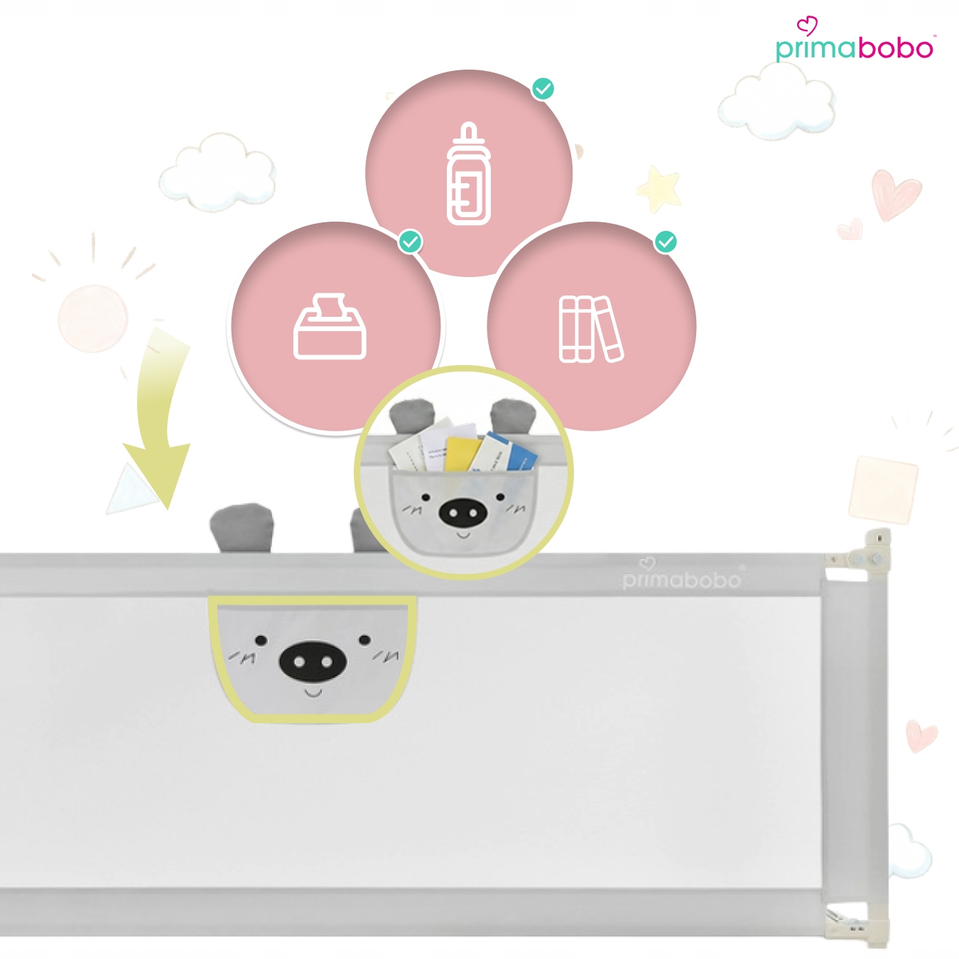 PRIMABOBO lovos apsauginis turėklas BEAR 200x160cm 3 vnt Sulankstomas PILKA