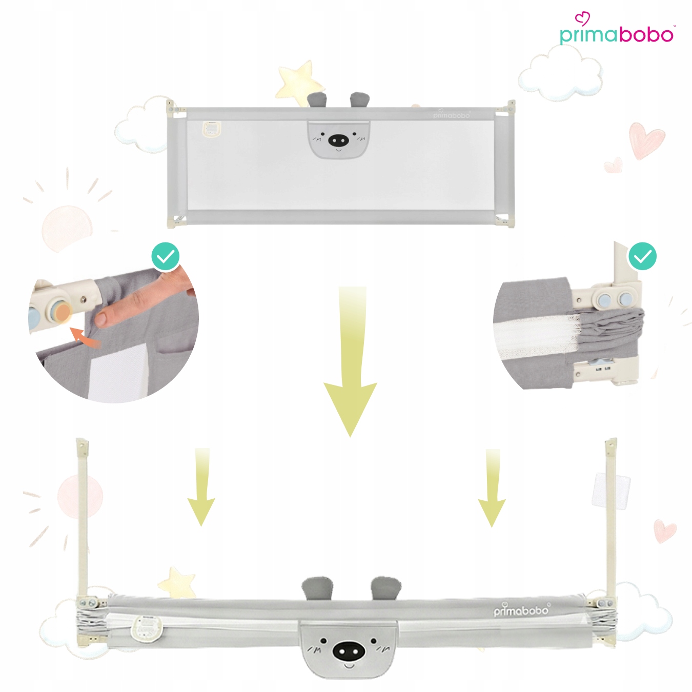 PRIMABOBO lovos apsauginis turėklas BEAR 200x160cm 3 vnt Sulankstomas PILKA