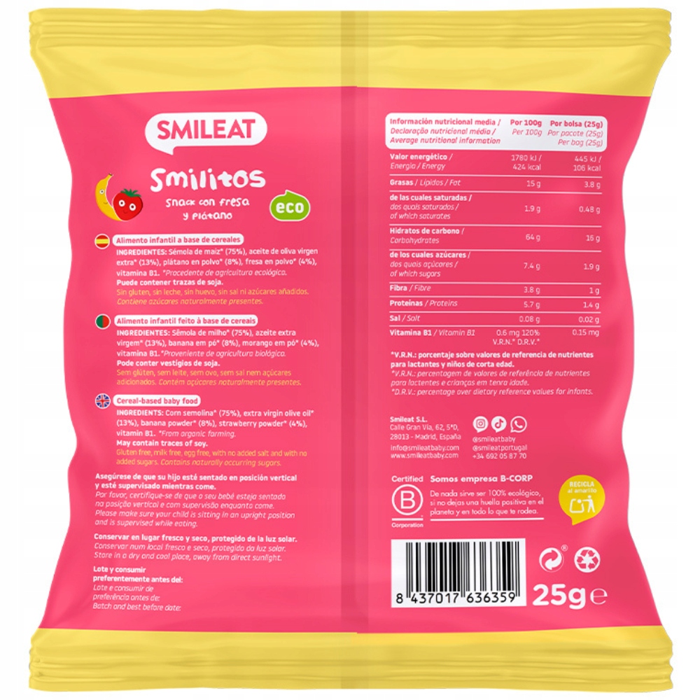 Smileat Smilitos Corn Puffs Braškių bananų sveikas užkandis 25G
