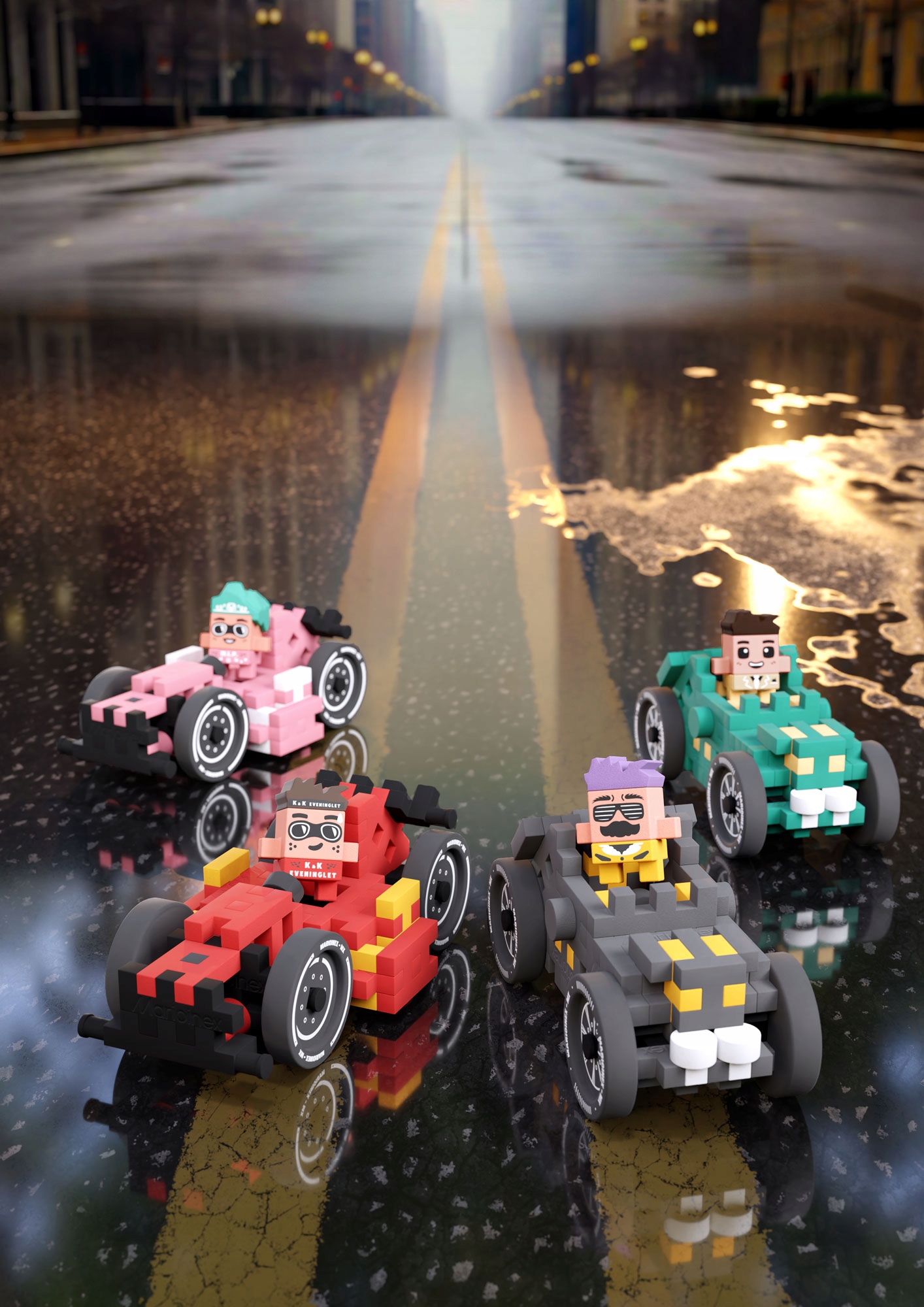 Marioinex Waffle Mini Cars lenktyninis automobilis, Megan, 50 vnt, rožinė, 2in1 lenktynės