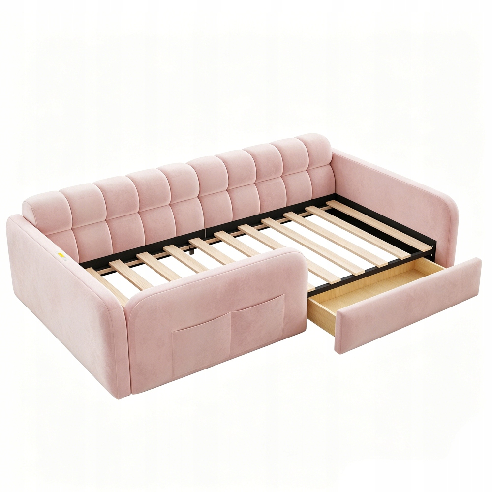 Vaikiška lova apmušta aksomu, stalčius, naktinė lempa, USB sofa, rožinė