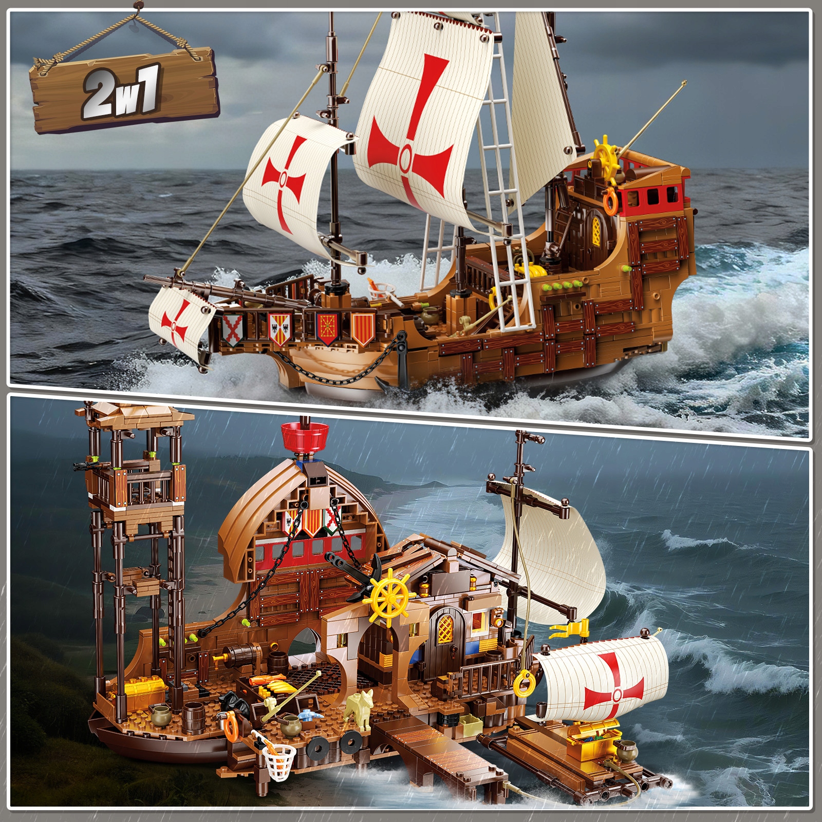 BLOKŲ PIRATŲ LAIVAS SANTA MARIA PILIS NAMAS KELIAS 2in1 DOVANA 1253vnt.