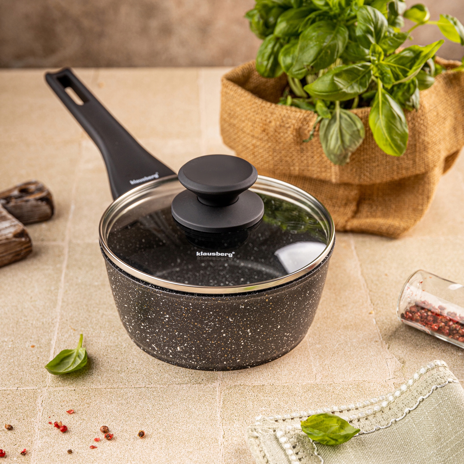 Marmurinis puodas 16 cm su dangčiu Indukcinės dujos Nelipnus 1,2L KB7986