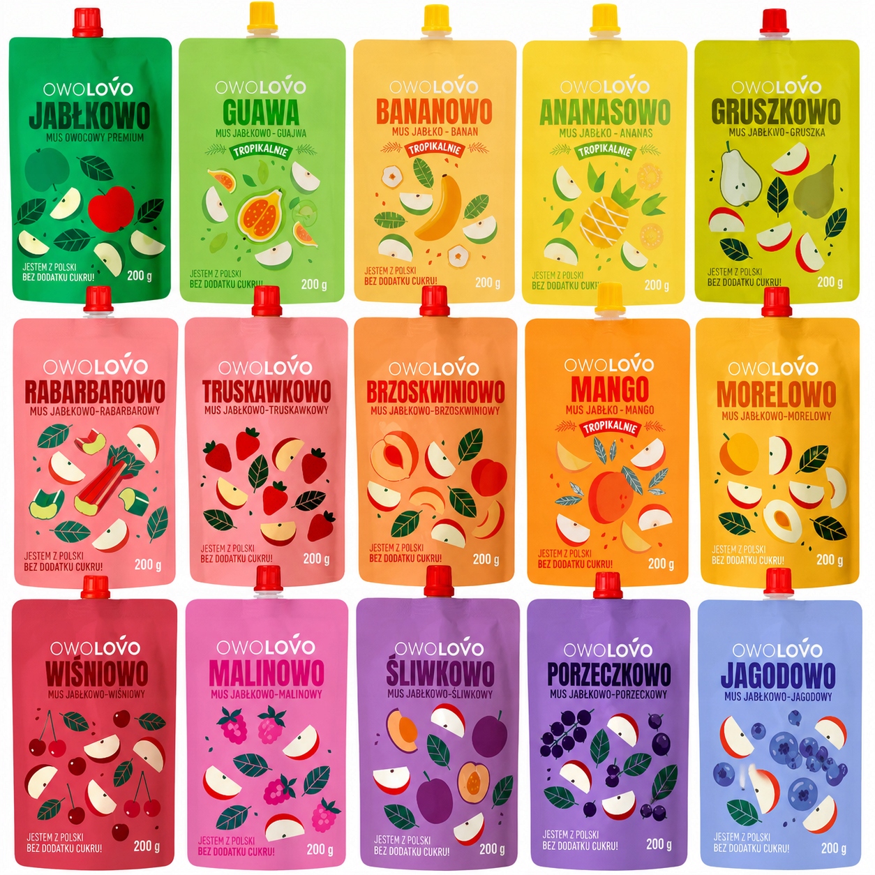 OWOLOVO FRUIT MOUSSE mišinys iš 15 unikalių SKONIŲ be cukraus 15 vnt x 200G iki 3kg