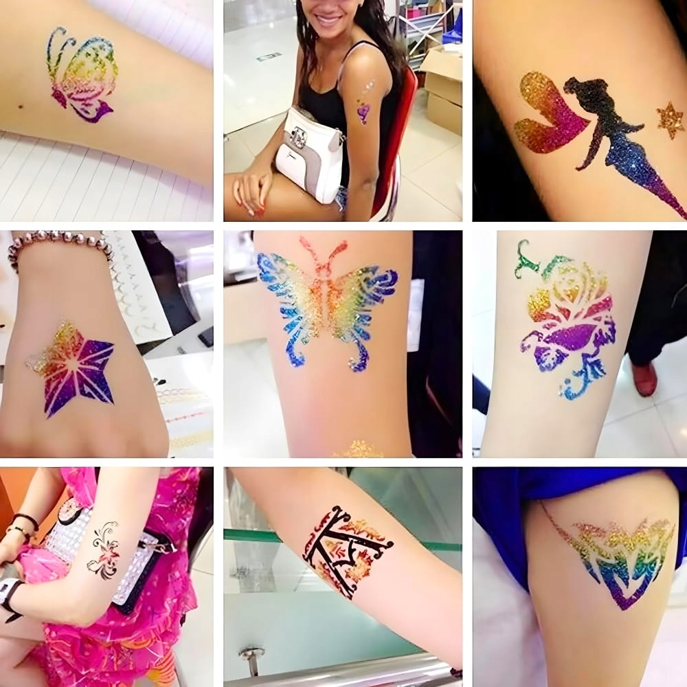 Blizgios tatuiruotės rinkinys su šablonais ir braižais