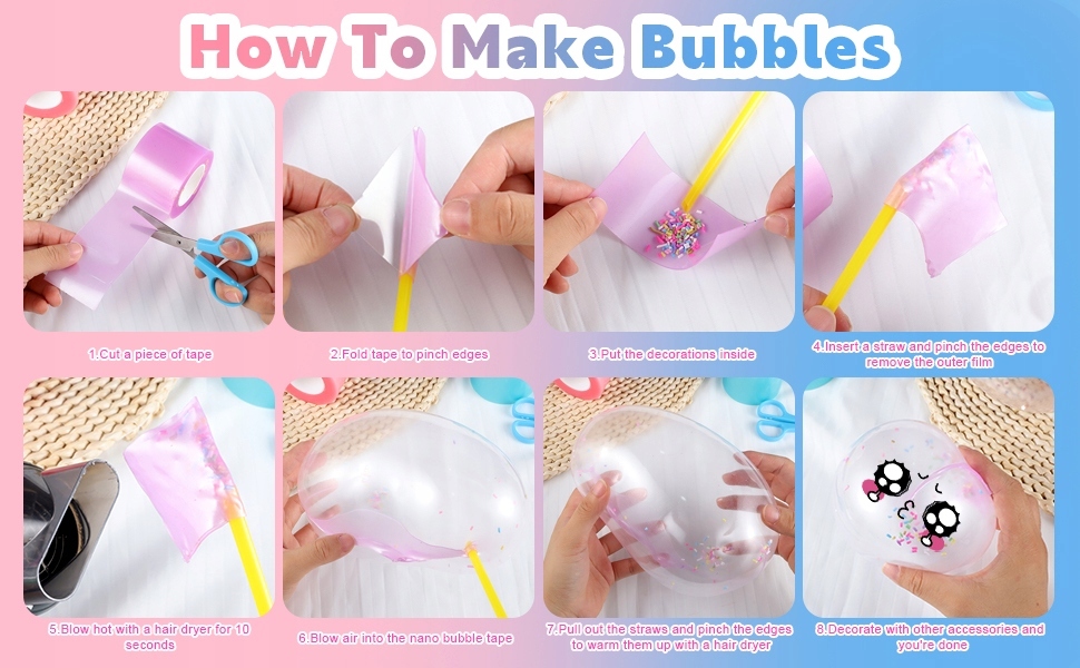 5 ROLL NANO JUOSTOS BURUBULIŲ RINKINYS BURUBULĖLIŲ PŪTIMO DIY Blow Bubble Dvipusis